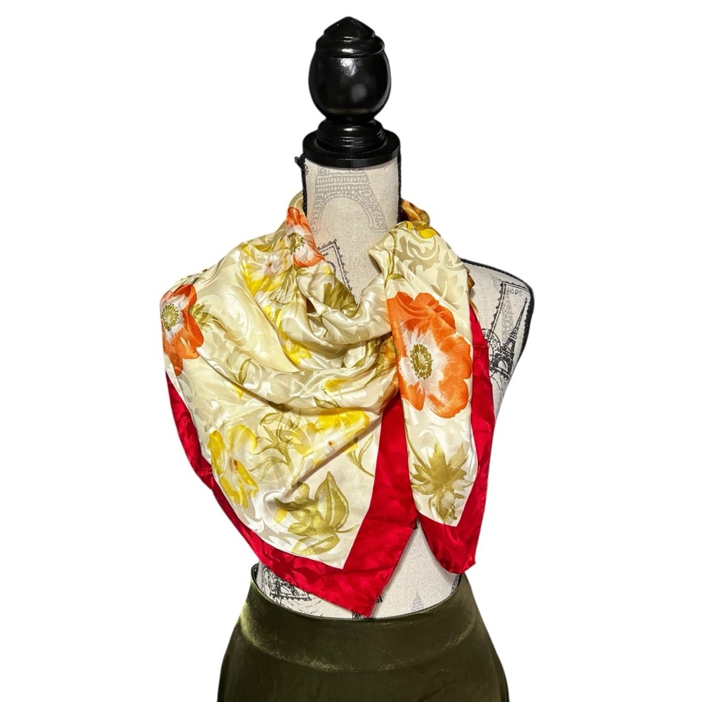 Italian Floral‎ Silk Scarf with Red and Orange Accents with rolled edge